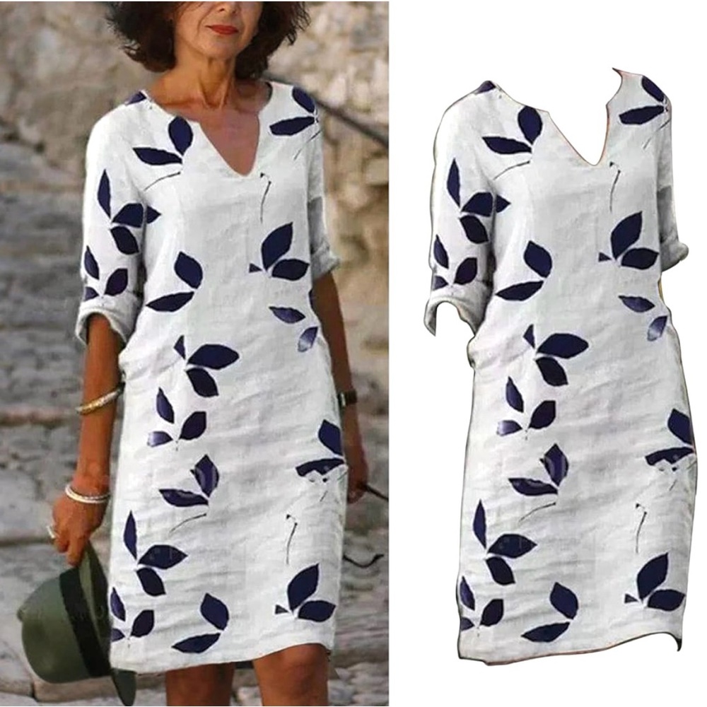 New White Black Summer Dress Leaf Print‎ Vacation Boho Travel Romantic NWOT Sz M